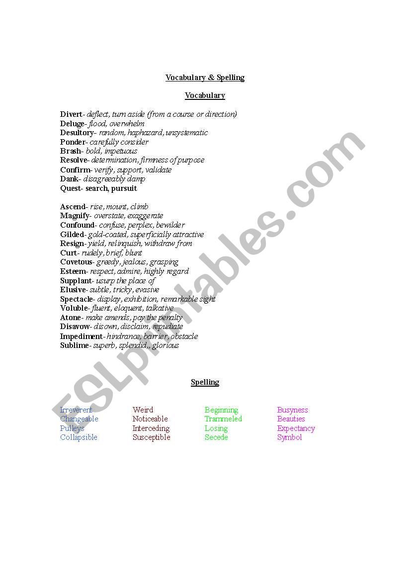 Vocabulary 9 Study Guide worksheet