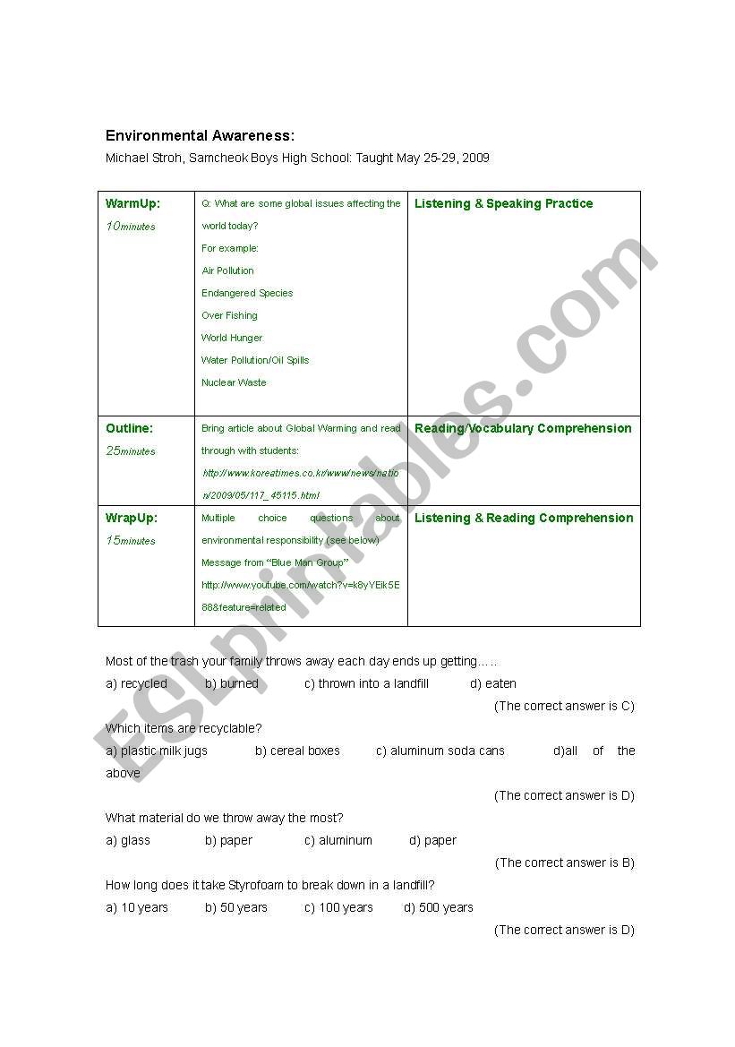 Environmental Awareness worksheet