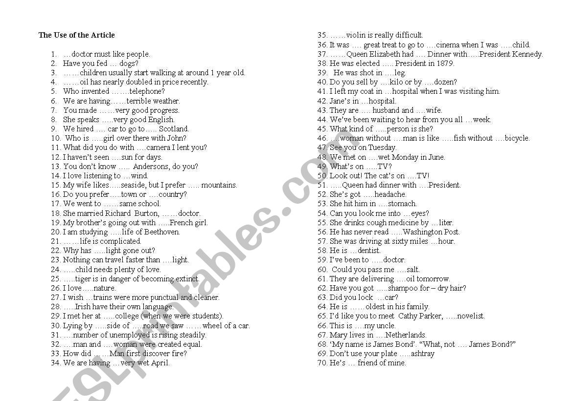 The Use of Articles  worksheet