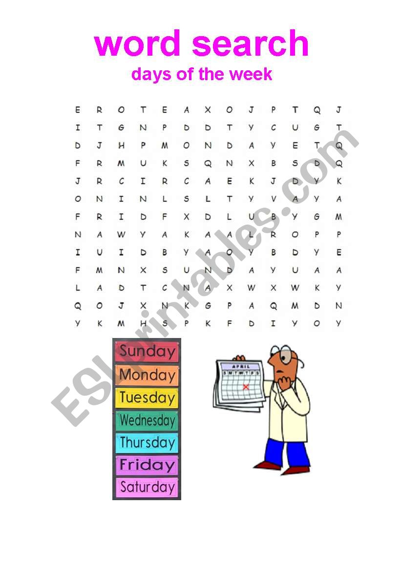 Days Of The Week Word Search Printable