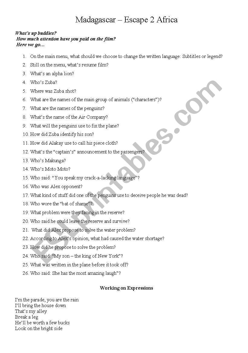 Madagascar Movie questions worksheet