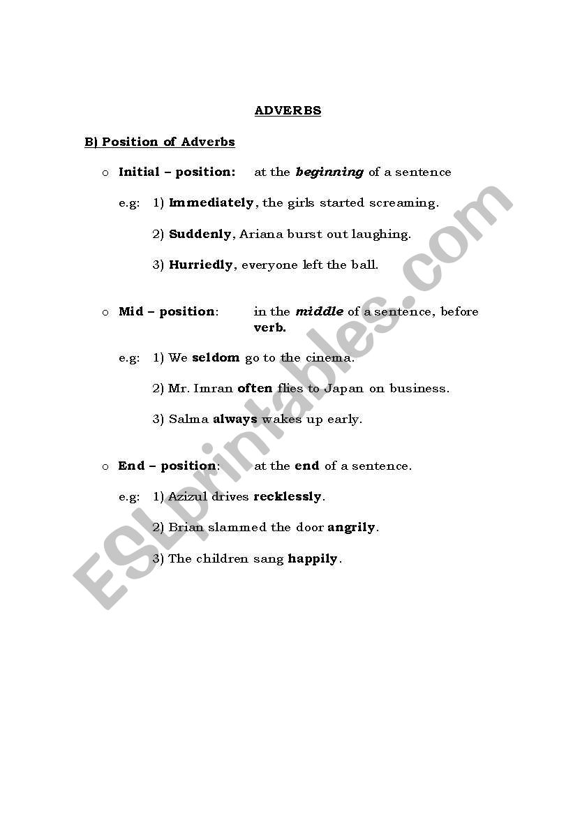 positions of adverbs worksheet