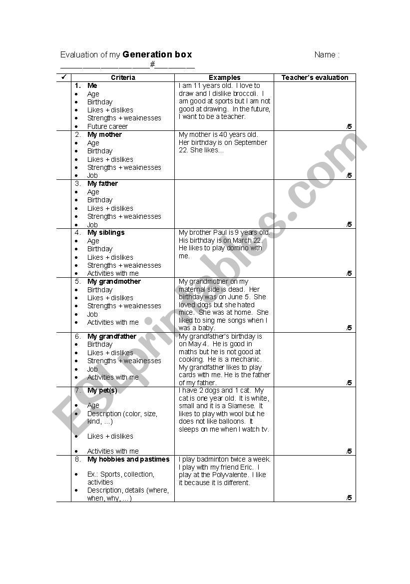 Generation Box worksheet