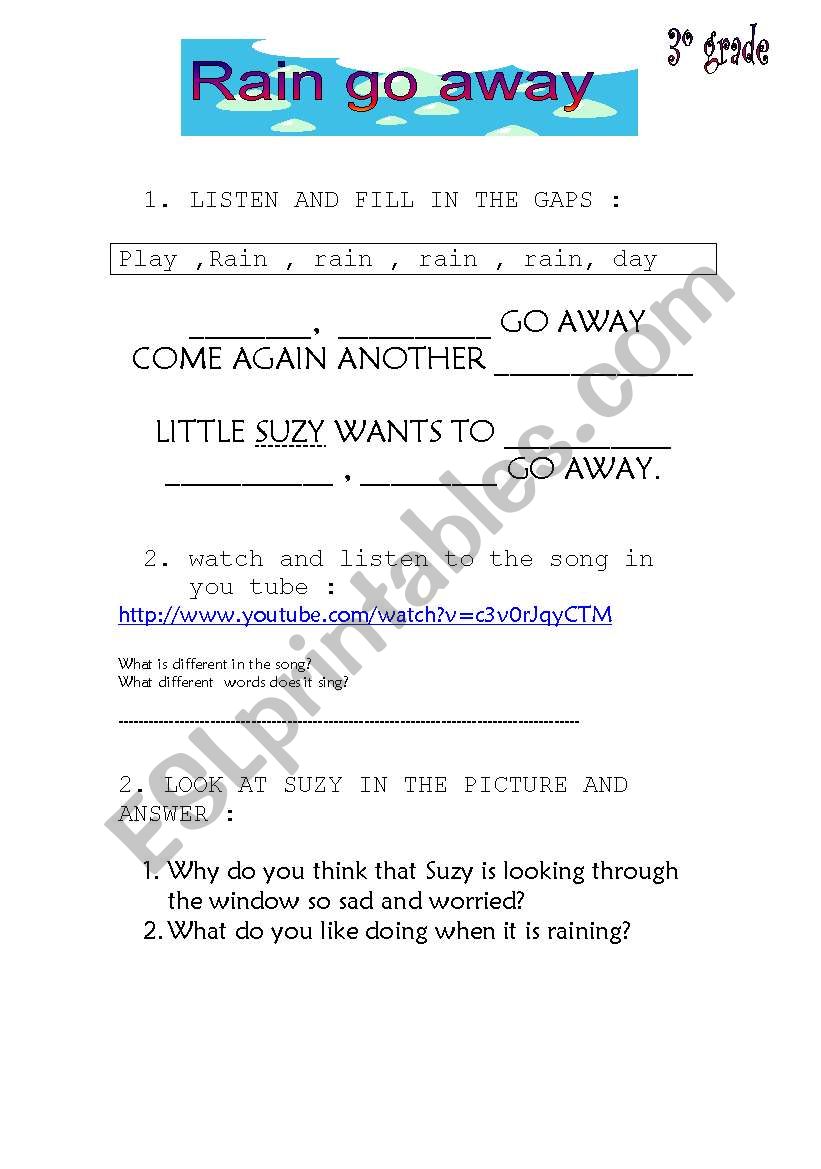 song for kids RAIN GO AWAY worksheet