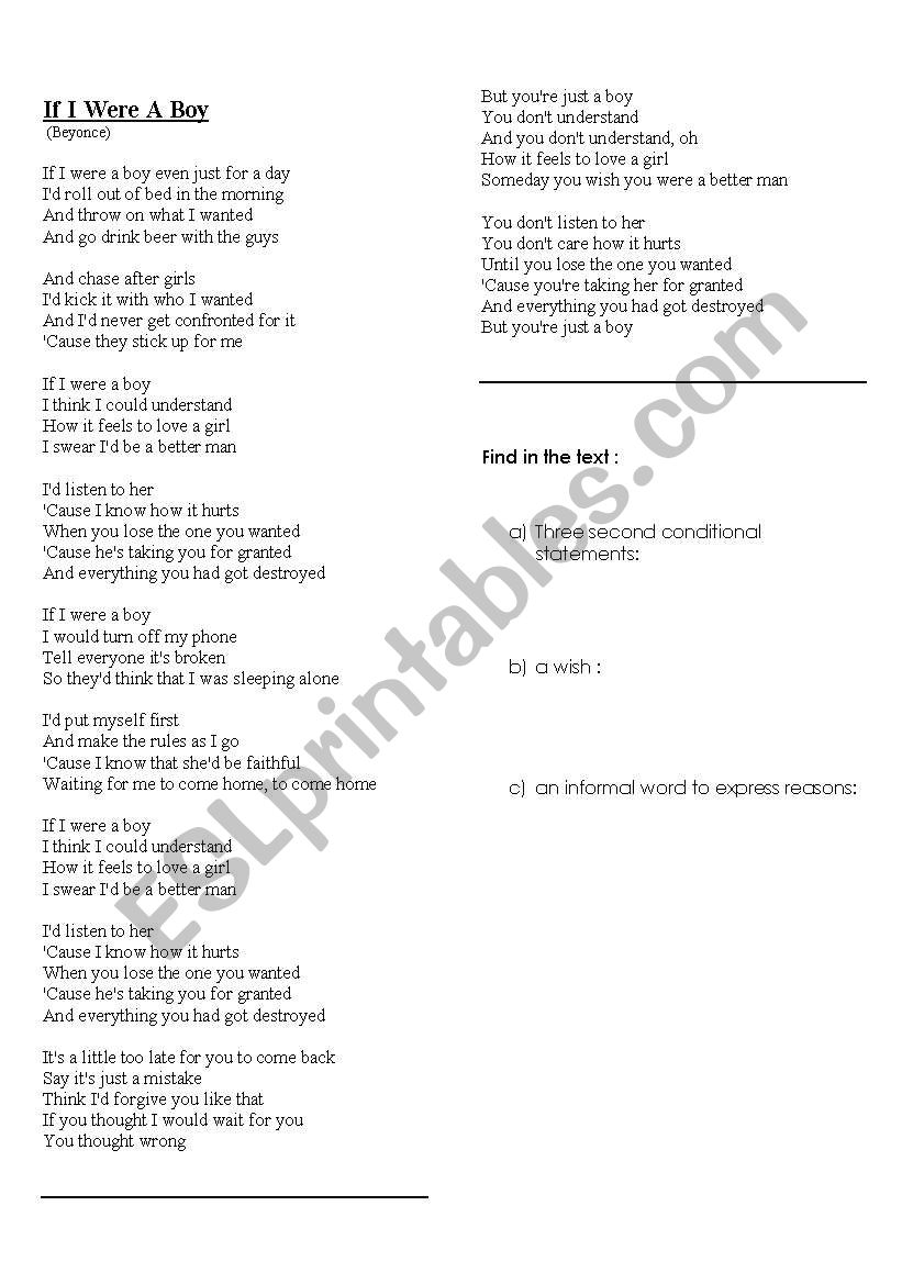 If I were  a boy ( lyrics) worksheet