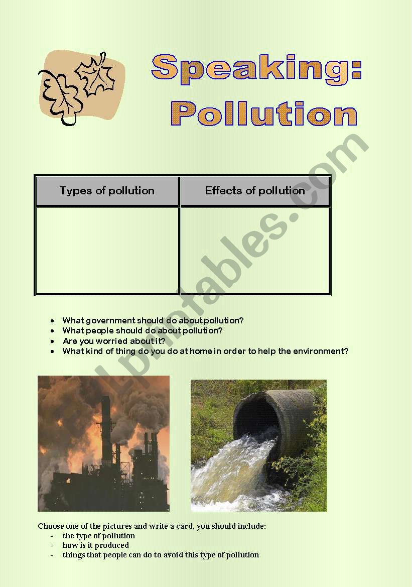English worksheets: let´s talk about pollution
