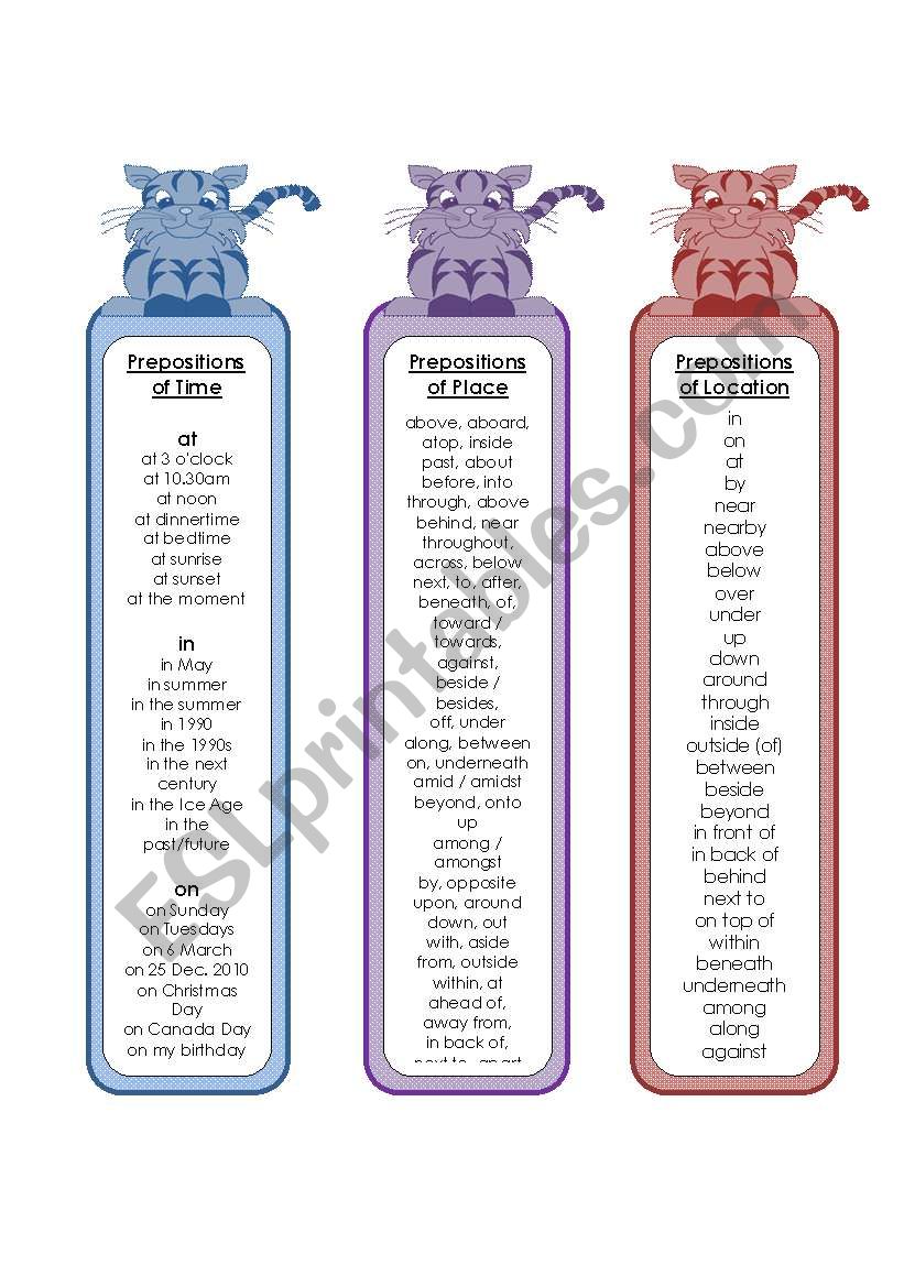Prepositions Bookmarks worksheet