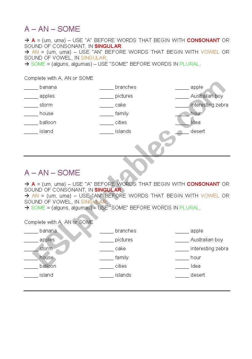 A, AN or SOME worksheet