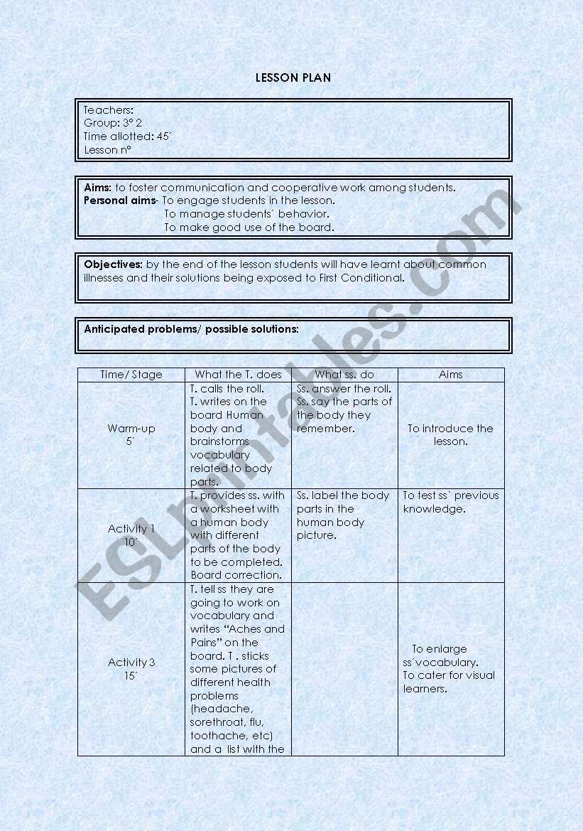 Lesson plan common illnesses worksheet