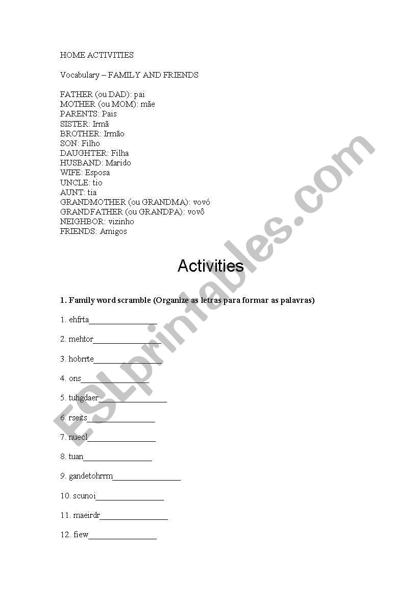 Family and Friends worksheet