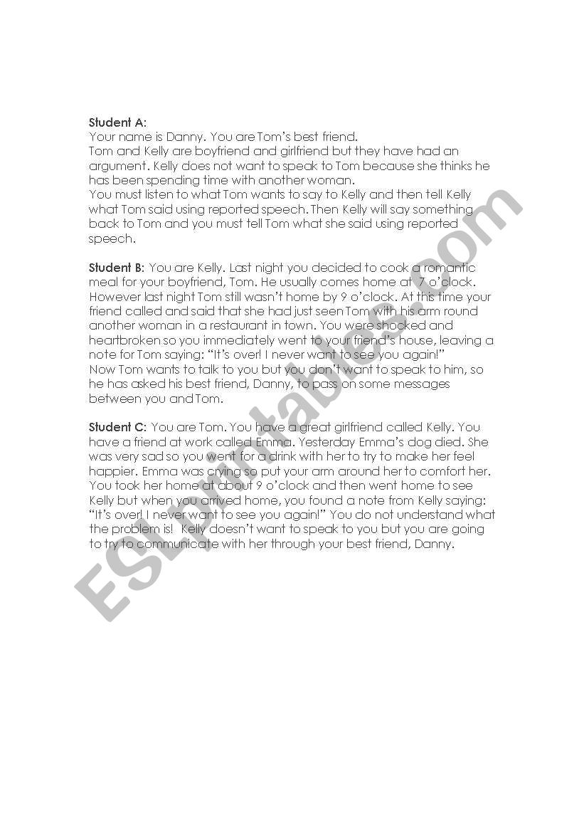 Reported Speech Roleplay worksheet