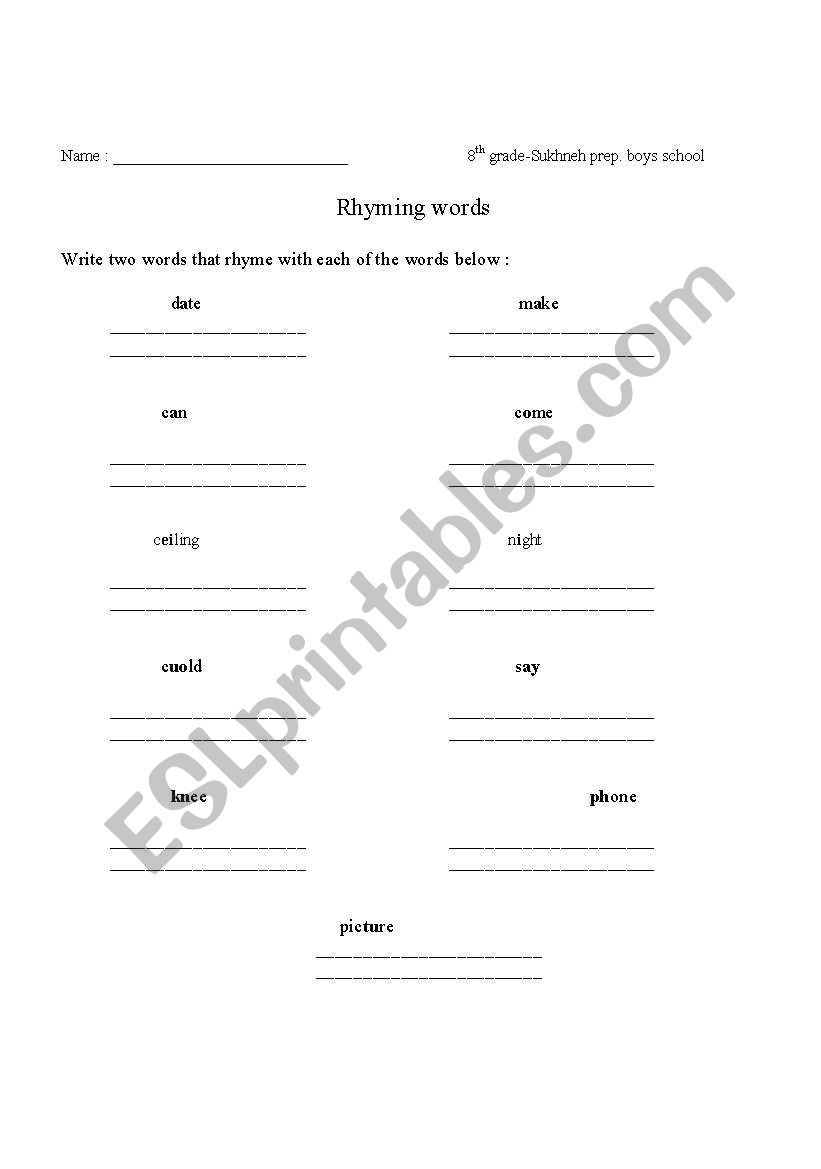 English Worksheets Rhyme