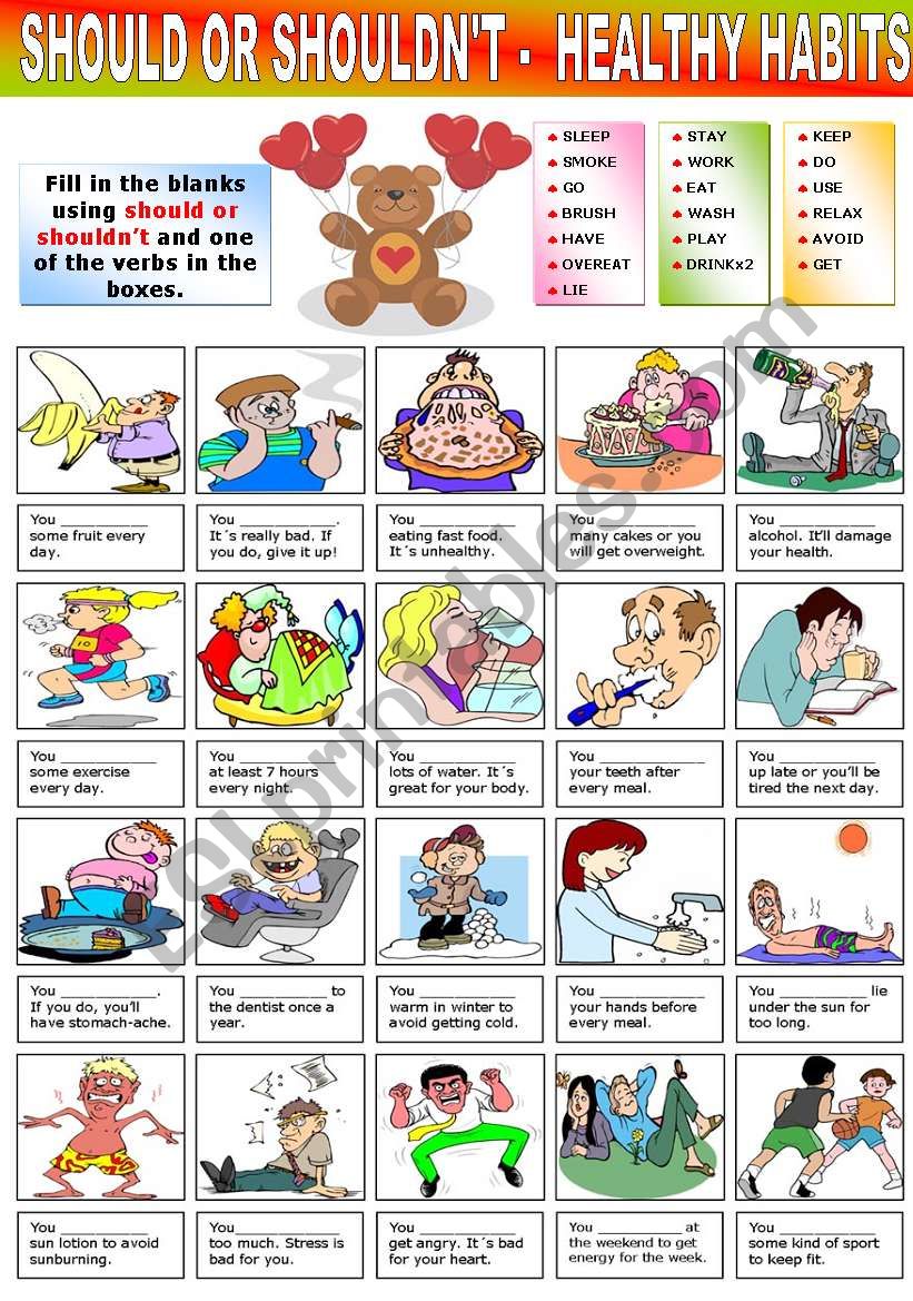 Verbs in the box. Should задания. Should shouldn`t Worksheets. Health should Worksheet. Health Habits Worksheets.