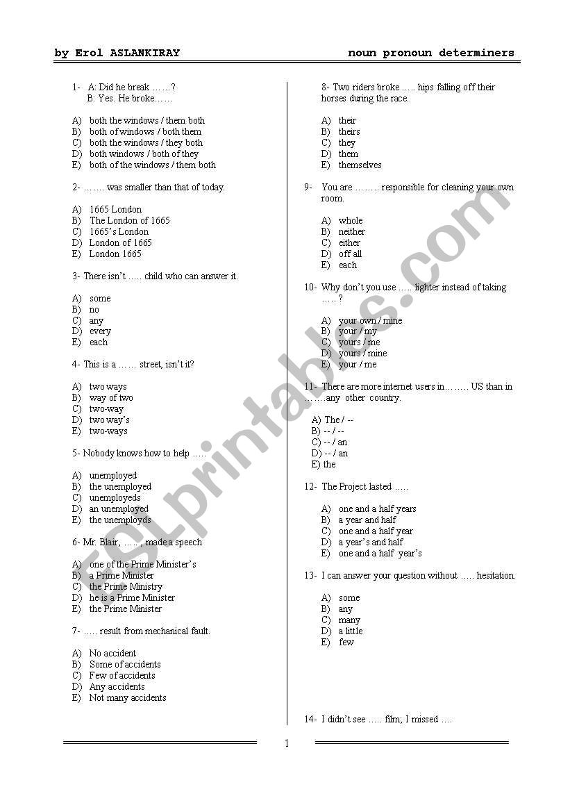 DETERMINERS  worksheet