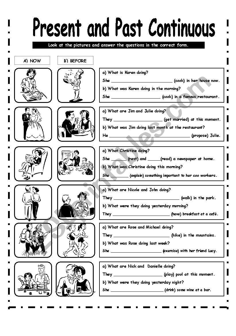 PRESENT CONTINUOUS AND PAST CONTINUOUS ESL Worksheet By LA LUNA