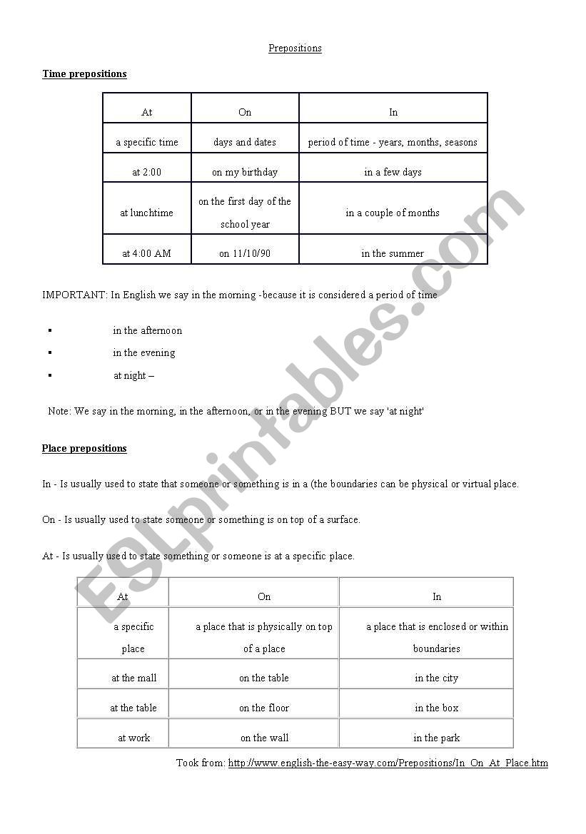 Prepositions (in, on, at) worksheet