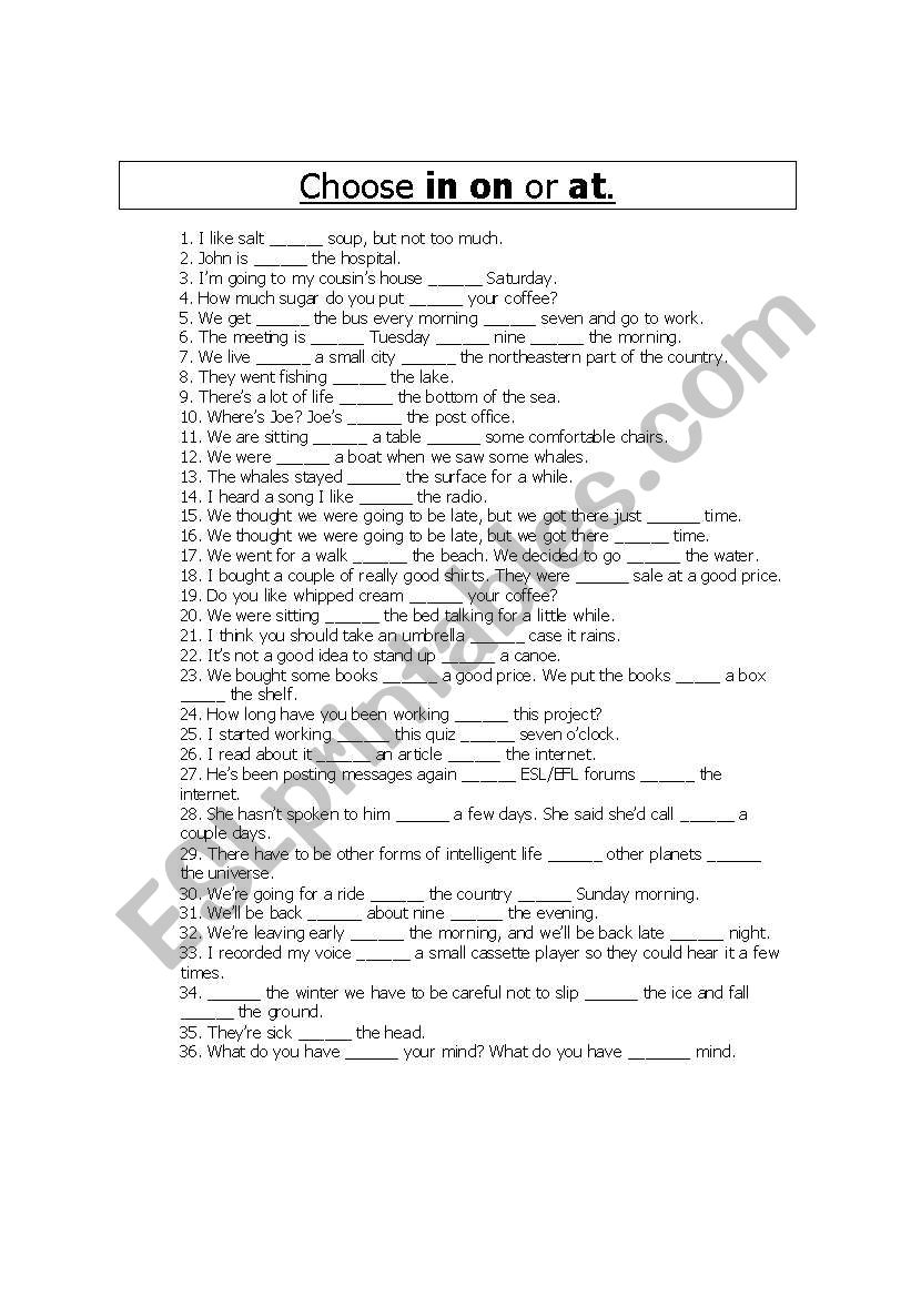 IN, ON OR ATY worksheet