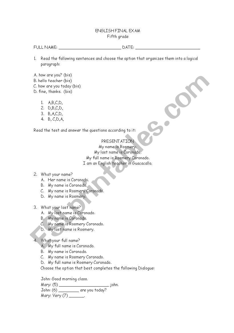 exams worksheet