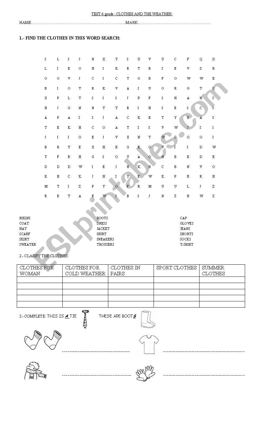 English worksheets: Test Clothes and weather