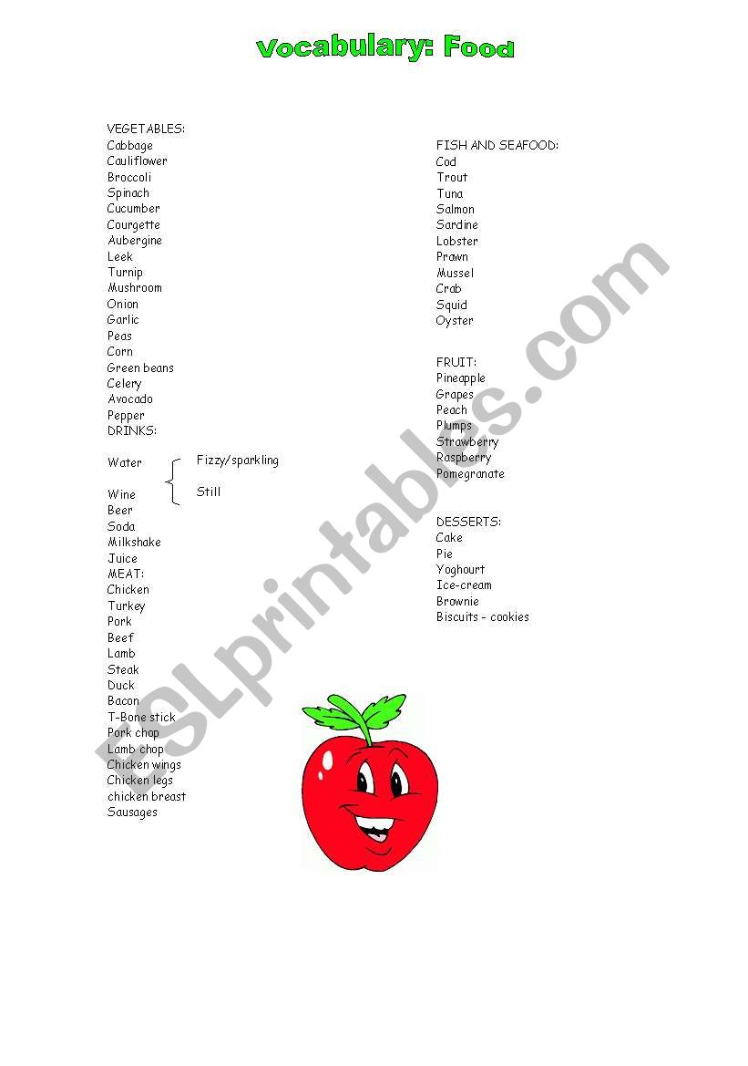 vocabulary food worksheet