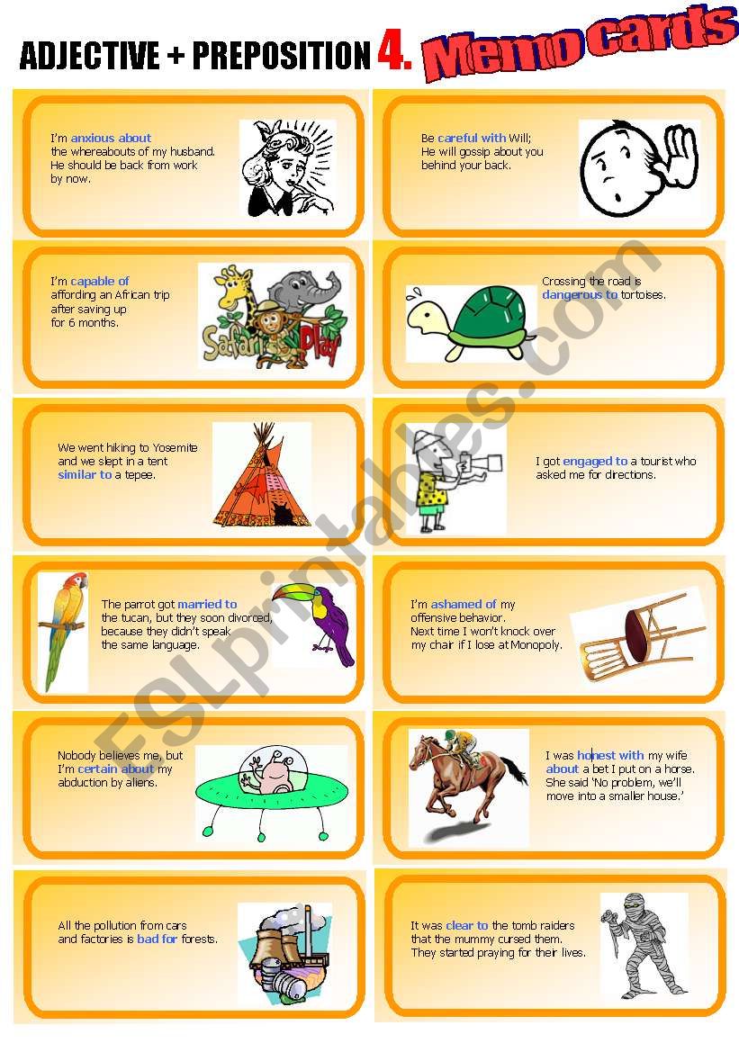 Adjective Preposition Part 4 Memo Cards bad FOR Dangerous TO 