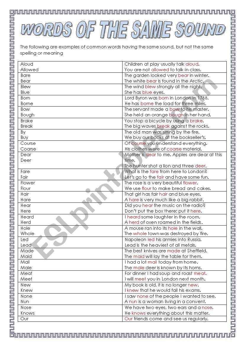 Words Of The Same Sound ESL Worksheet By Hannale