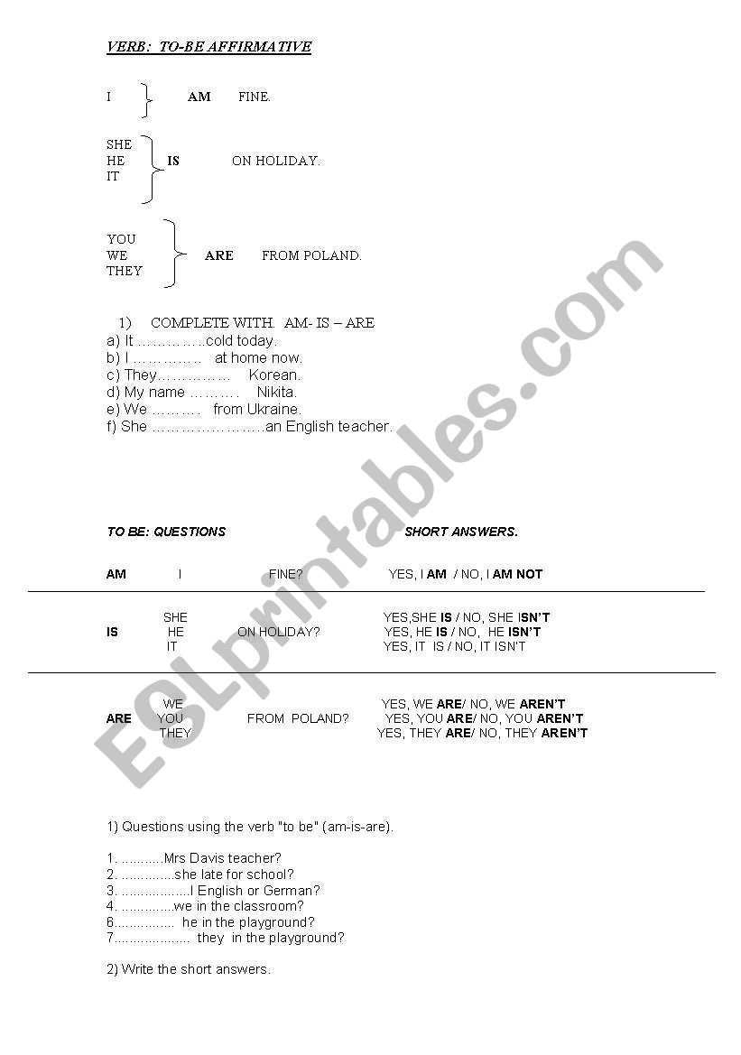 verb to be  worksheet