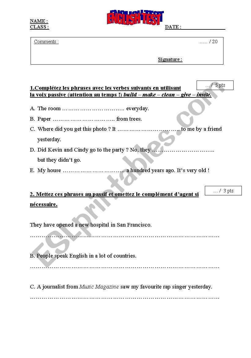test about the passive voice worksheet