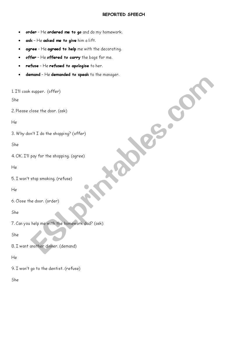 reported speech worksheet