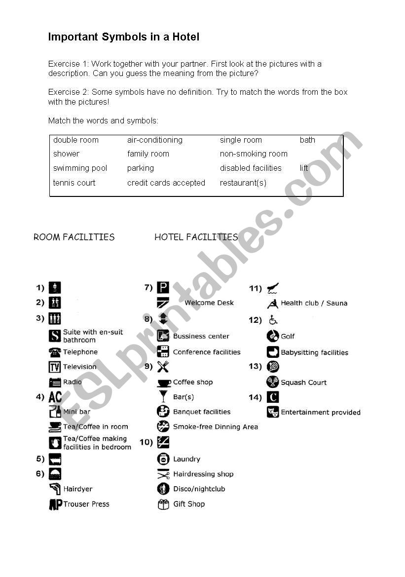 Important Symbols in a Hotel worksheet