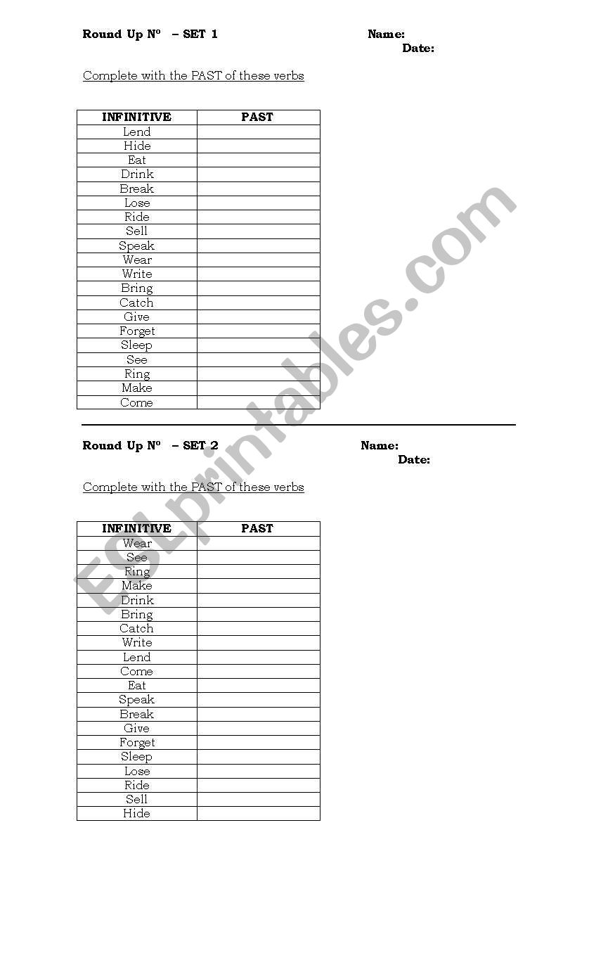 Irregular Verbs worksheet