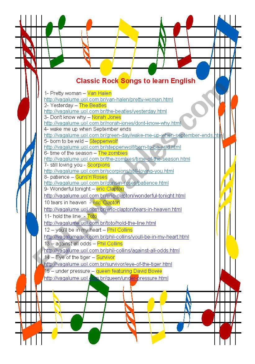 CLassic Rock Songs For Learning English ESL Worksheet By Katisolar