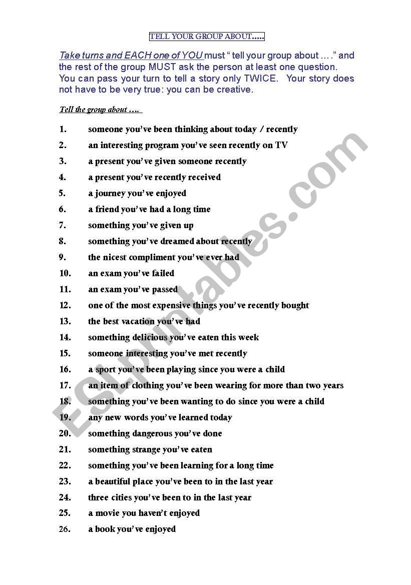 Exercise on Present Perfect tense For Group Discussion