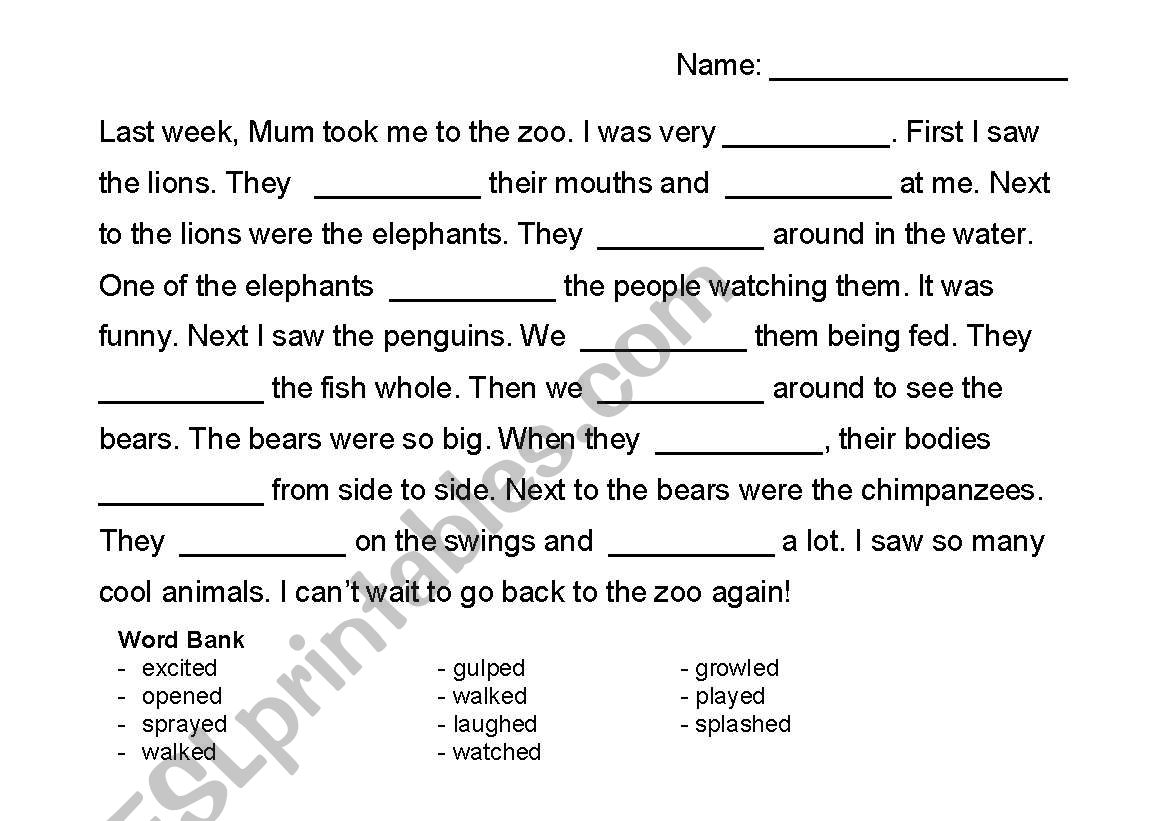 English Worksheets Regular Past Tense Cloze Passage