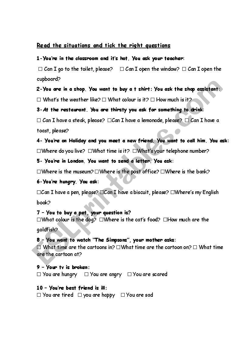 situations worksheet