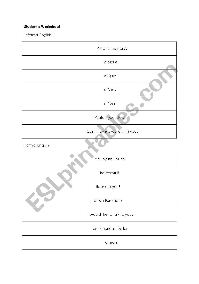 Informal English worksheet