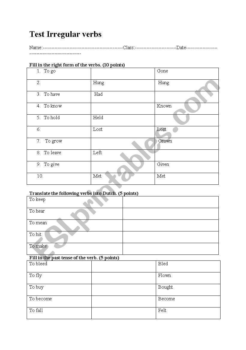 Irregular verbs test 2 worksheet