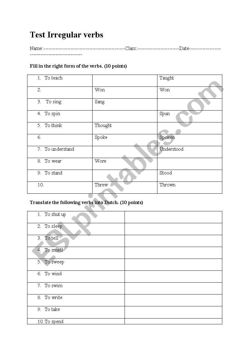 irregular verbs final test worksheet