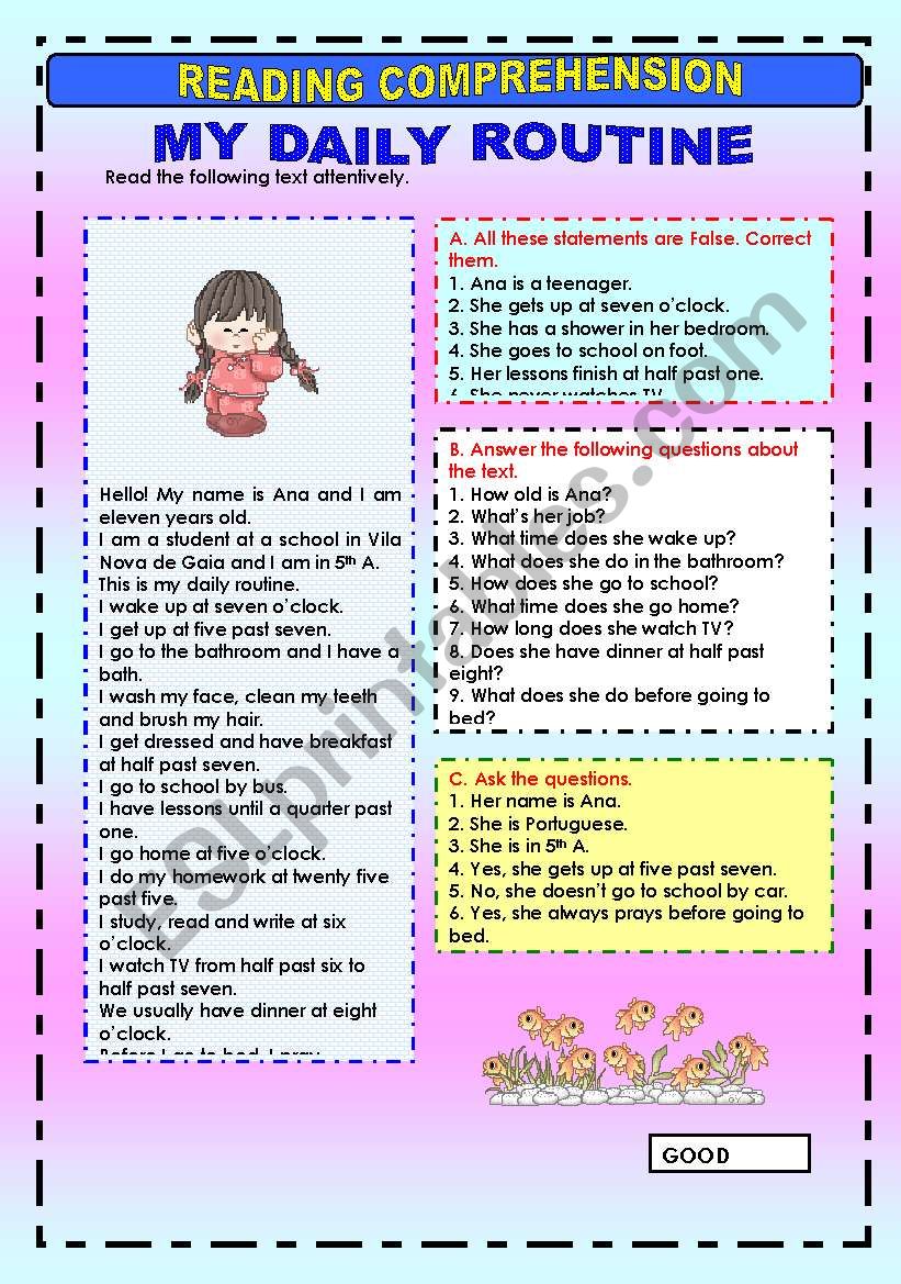 Daily Routines Reading Comprehension Esl Worksheet By Shinichi999 