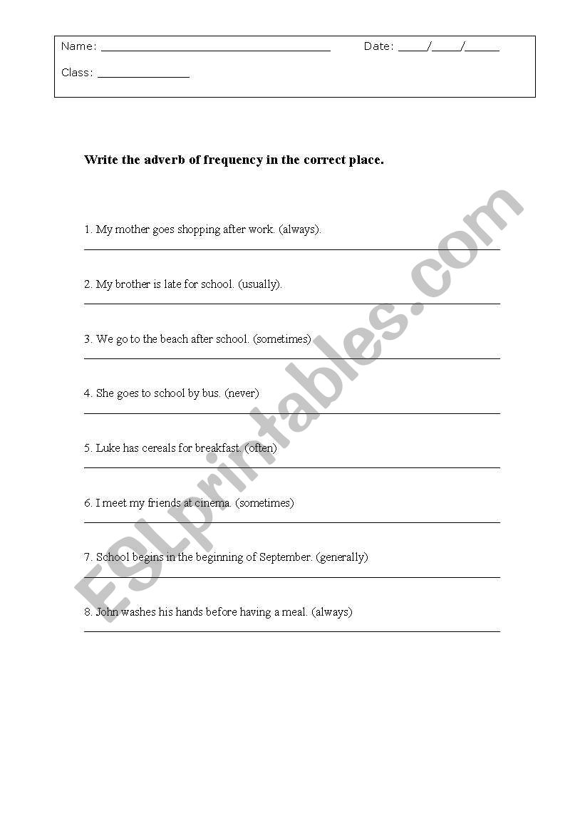 Adverbs of Frequency worksheet