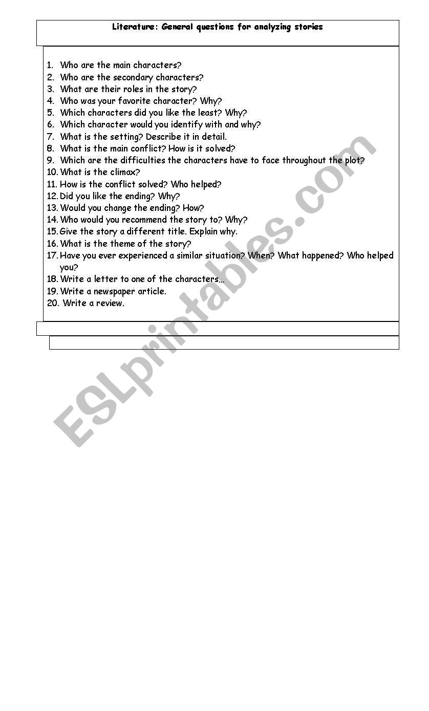 Literature General questions worksheet