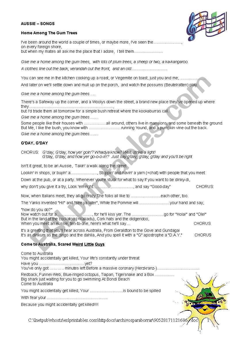 Aussie Songs gap fill worksheet