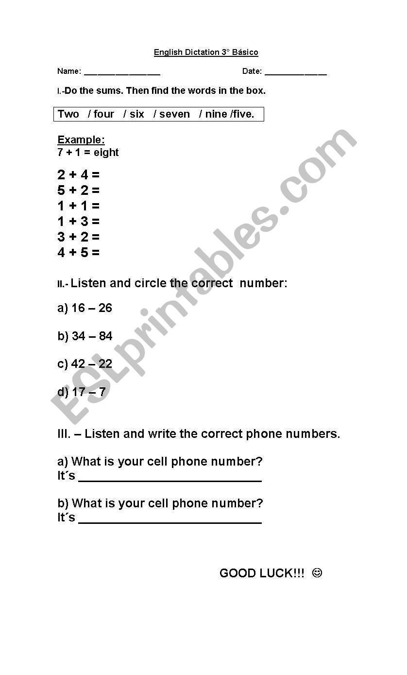 numbers worksheet