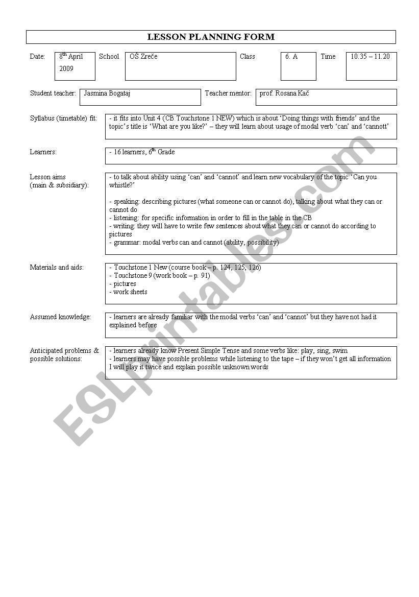 English worksheets: Can/can´t lesson plan