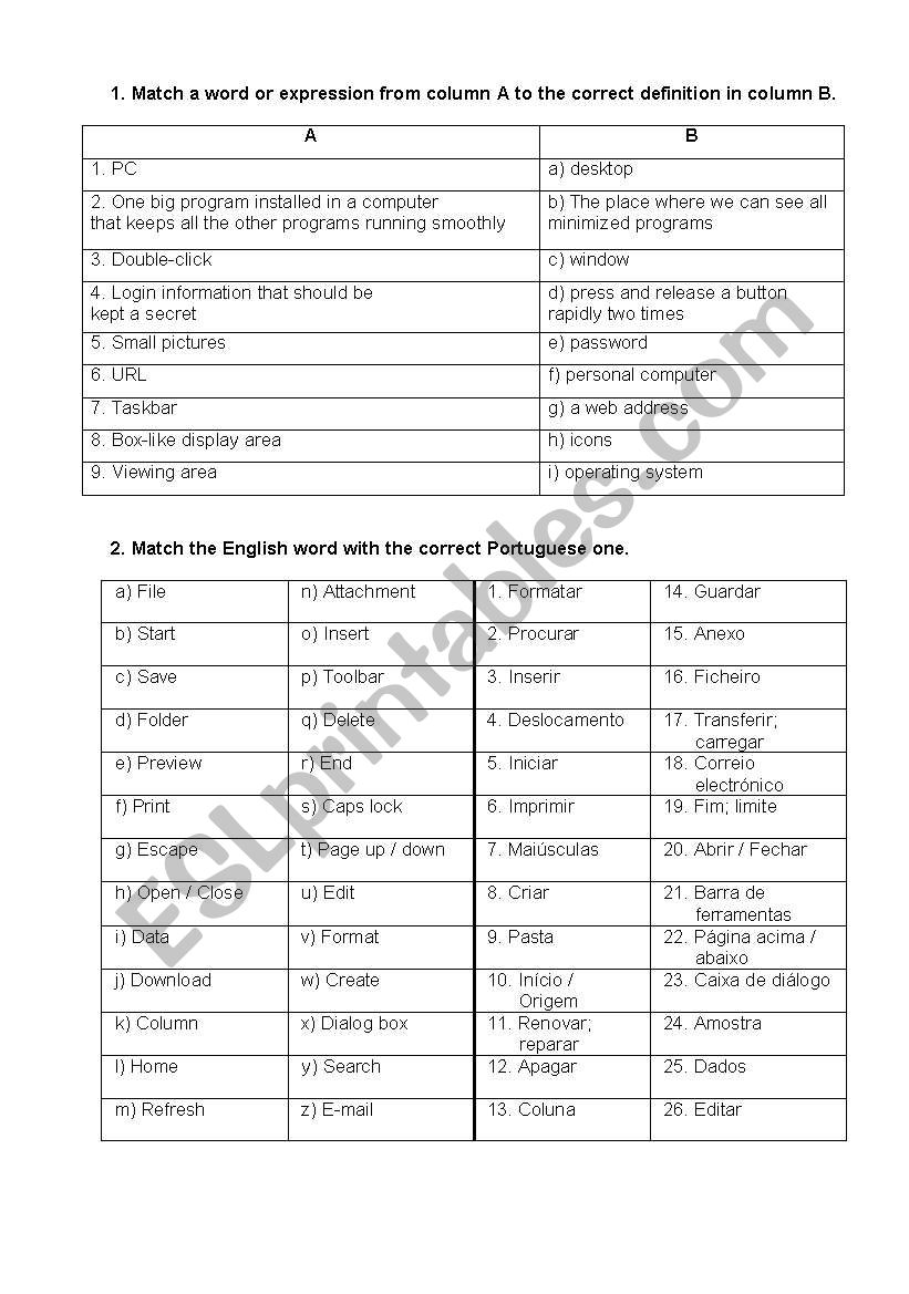 Computer work worksheet