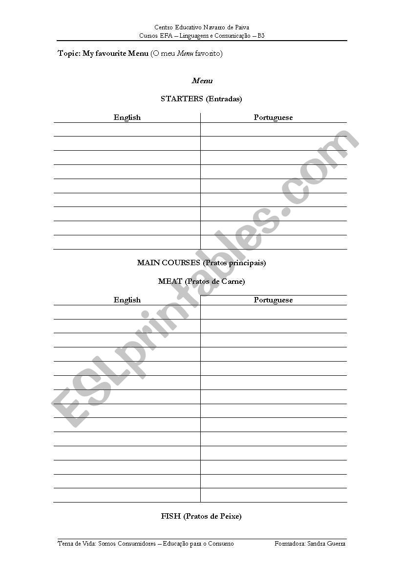 Menu worksheet