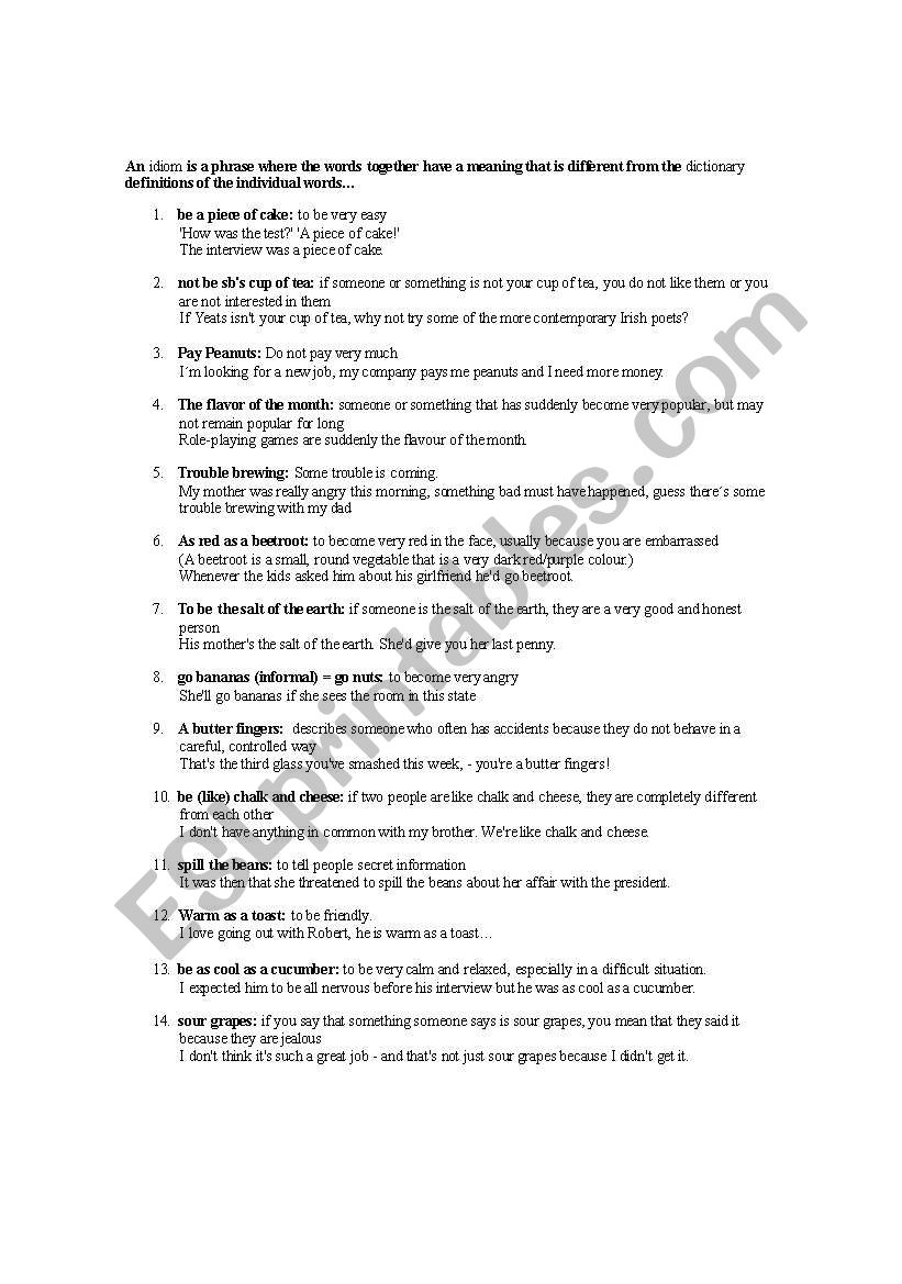 Idioms - Food worksheet