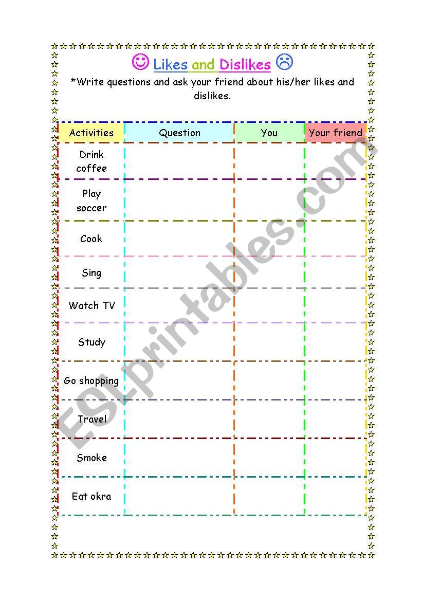 Likes and Dislikes worksheet