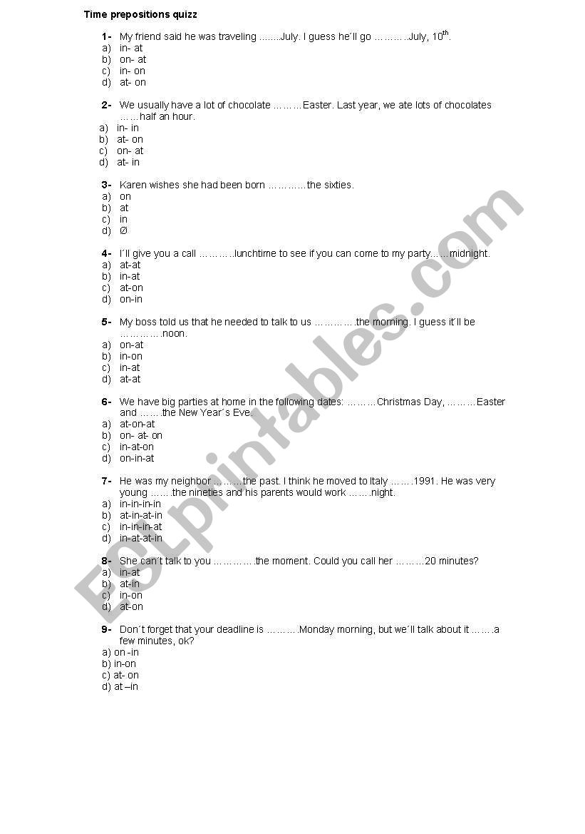 Time preposition quizz worksheet