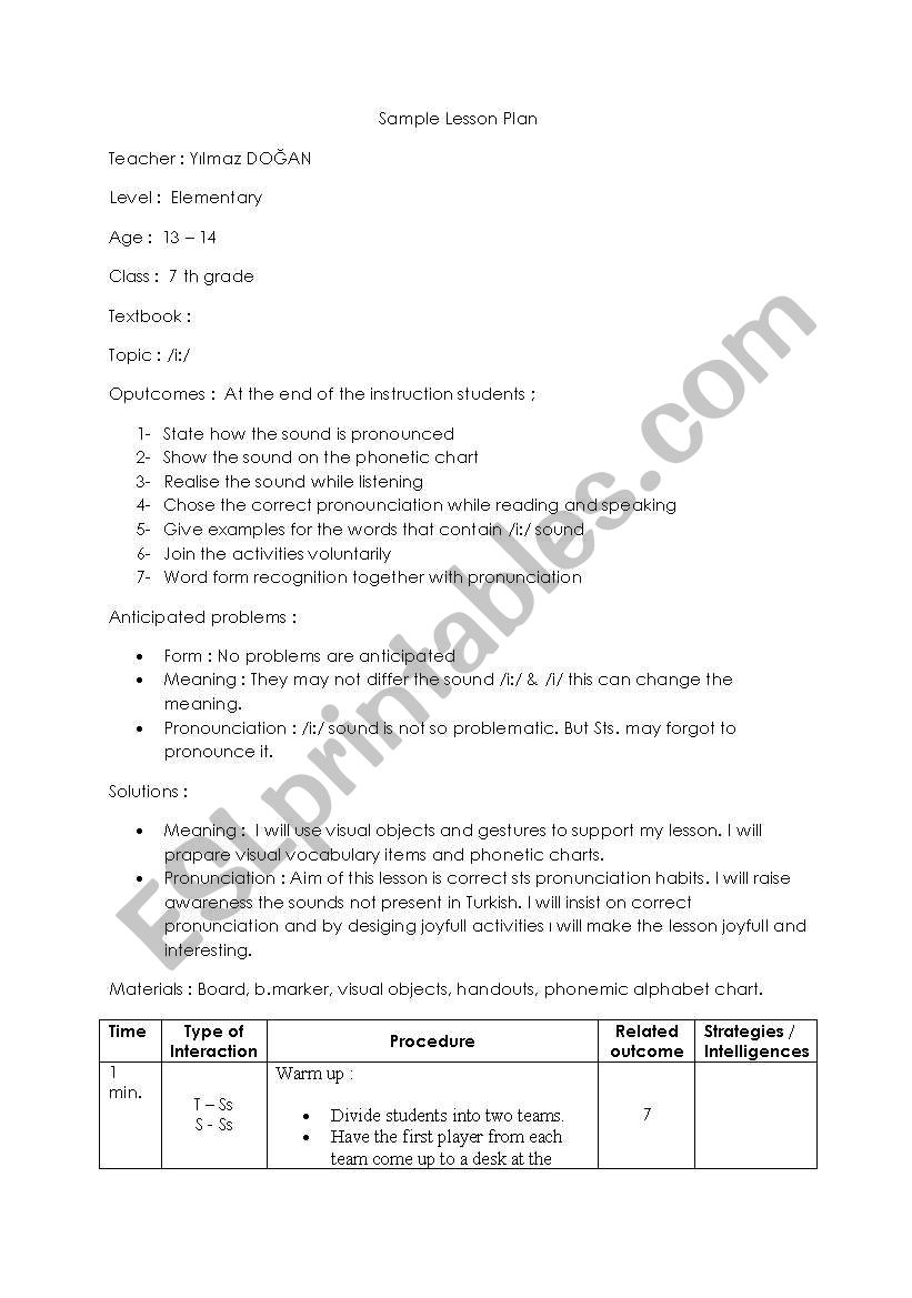 lesson plan for i: sound pronunciation